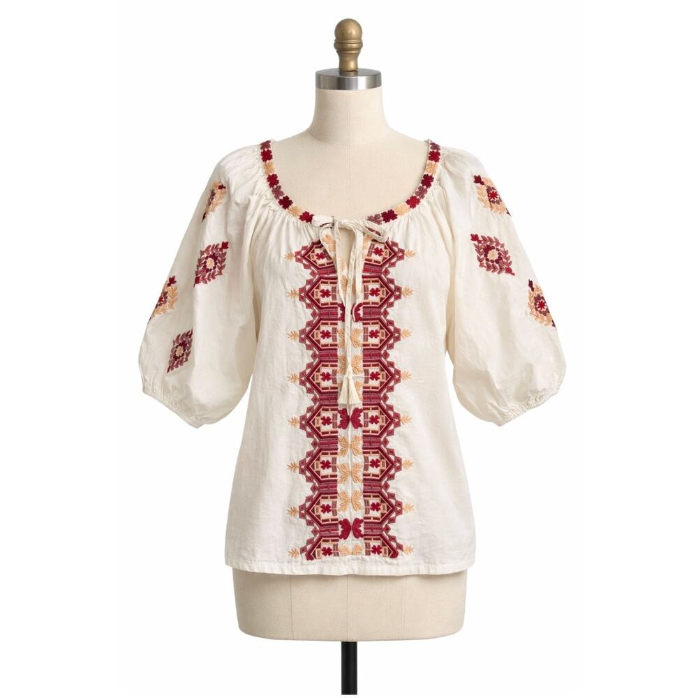 Solitaire Anthro Style XL Embroidered Boho Peasant Top Puff Sleeve Folk Blouse